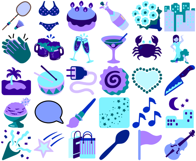 bold blues greens and purples, party and leisure icon pack